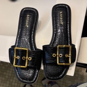 Bamboo Croc-Embossed Black Sandals with Gold Accents